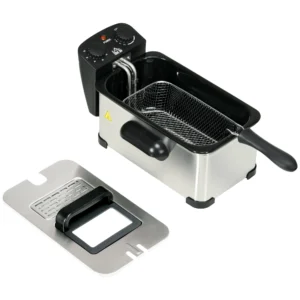 Friteuse 3l met verstelbare thermostaat, uitneembare oliecontainer, stofbeschermingsdeksel incl. kijkvenster, 60 minuten timer, oververhittingsbeveiliging, 2000w, roestvrij staal zilver 1