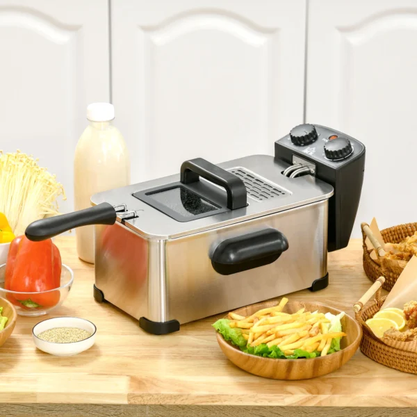Friteuse 3l met verstelbare thermostaat, uitneembare oliecontainer, stofbeschermingsdeksel incl. kijkvenster, 60 minuten timer, oververhittingsbeveiliging, 2000w, roestvrij staal zilver 2