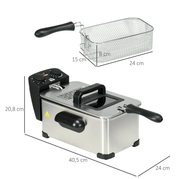 Friteuse 3l met verstelbare thermostaat, uitneembare oliecontainer, stofbeschermingsdeksel incl. kijkvenster, 60 minuten timer, oververhittingsbeveiliging, 2000w, roestvrij staal zilver 4