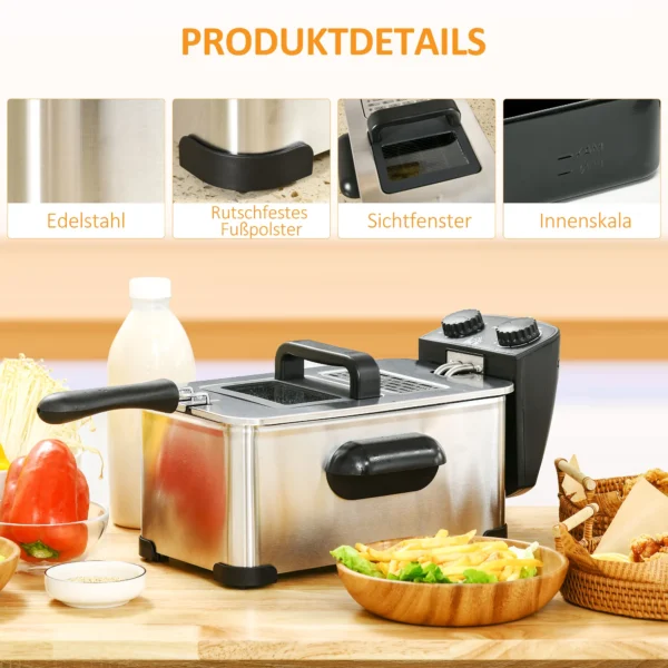 Friteuse 3l met verstelbare thermostaat, uitneembare oliecontainer, stofbeschermingsdeksel incl. kijkvenster, 60 minuten timer, oververhittingsbeveiliging, 2000w, roestvrij staal zilver 6