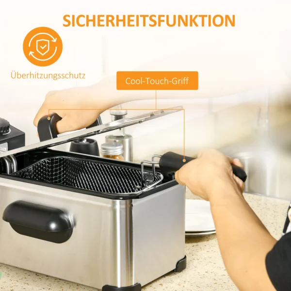 Friteuse 3l met verstelbare thermostaat, uitneembare oliecontainer, stofbeschermingsdeksel incl. kijkvenster, 60 minuten timer, oververhittingsbeveiliging, 2000w, roestvrij staal zilver 7