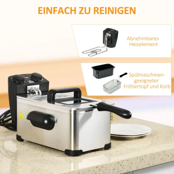 Friteuse 3l met verstelbare thermostaat, uitneembare oliecontainer, stofbeschermingsdeksel incl. kijkvenster, 60 minuten timer, oververhittingsbeveiliging, 2000w, roestvrij staal zilver 8