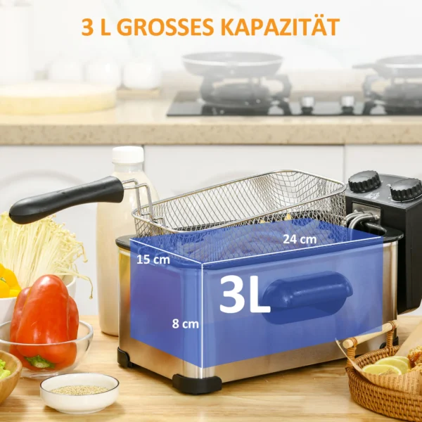 Friteuse 3l met verstelbare thermostaat, uitneembare oliecontainer, stofbeschermingsdeksel incl. kijkvenster, 60 minuten timer, oververhittingsbeveiliging, 2000w, roestvrij staal zilver 9