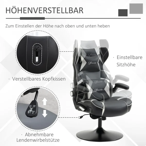 Gamingstoel met kantelfunctie, in hoogte verstelbare bureaustoel, ergonomische computerstoel met luidspreker, lenden en neksteun 6