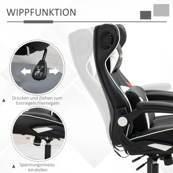 Gamingstoel met kantelfunctie, in hoogte verstelbare bureaustoel, ergonomische computerstoel met luidspreker, lenden en neksteun 7