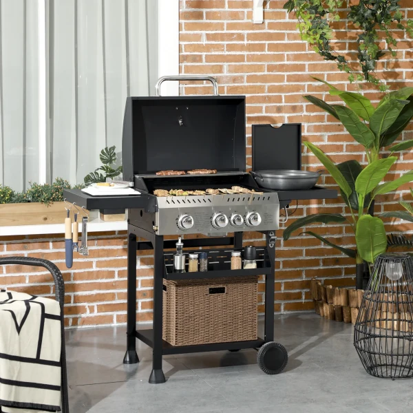 Gasgrill 3 kw 3+1 brander bbq grillwagen van roestvrij staal incl zijbrander thermometer grillrooster kookplaat flesopener zijplanken gas grill voor balkon camping 123 x 52 x 101cm 2