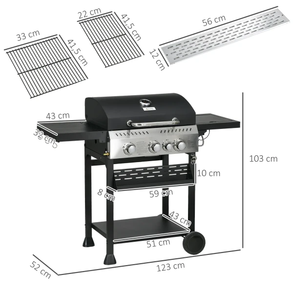 Gasgrill 3 kw 3+1 brander bbq grillwagen van roestvrij staal incl zijbrander thermometer grillrooster kookplaat flesopener zijplanken gas grill voor balkon camping 123 x 52 x 101cm 4