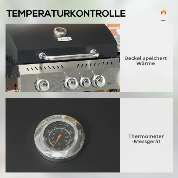 Gasgrill 3 kw 3+1 brander bbq grillwagen van roestvrij staal incl zijbrander thermometer grillrooster kookplaat flesopener zijplanken gas grill voor balkon camping 123 x 52 x 101cm 6
