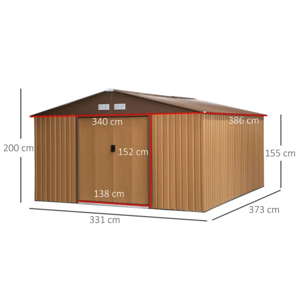 Gereedschapshuis kopen, 340 x 386 x 200 cm, met vloerplaat, gereedschapsschuur, tuinhuis, tuin schuur, metaal, bruin 4