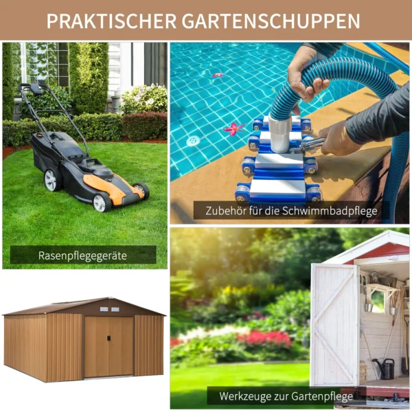 Gereedschapshuis kopen, 340 x 386 x 200 cm, met vloerplaat, gereedschapsschuur, tuinhuis, tuin schuur, metaal, bruin 7