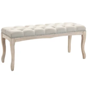 Gestoffeerde bank vintage bedbank voor slaapkamer & woonkamer, kistbank van rubberhout met linnen bekleding in beige, 110x40x48cm 1
