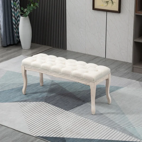 Gestoffeerde bank vintage bedbank voor slaapkamer & woonkamer, kistbank van rubberhout met linnen bekleding in beige, 110x40x48cm 2