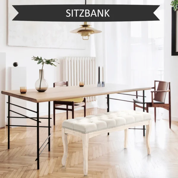 Gestoffeerde bank vintage bedbank voor slaapkamer & woonkamer, kistbank van rubberhout met linnen bekleding in beige, 110x40x48cm 7