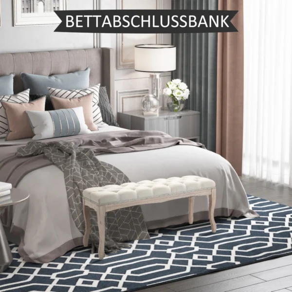 Gestoffeerde bank vintage bedbank voor slaapkamer & woonkamer, kistbank van rubberhout met linnen bekleding in beige, 110x40x48cm 8