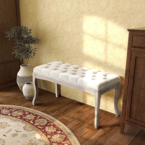 Gestoffeerde bank vintage bedbank voor slaapkamer & woonkamer, kistbank van rubberhout met linnen bekleding in beige, 110x40x48cm 9