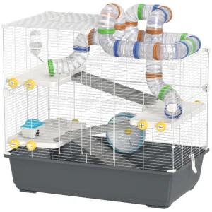 Hamsterkooi 4 verdiepingen knaagdierkooi kleindierkooi met loopwiel voerbak tunnel hut bovendeur, kleindierstal kooi voor hamsters syrische hamster 78 x 45 x 73 cm, grijs 1