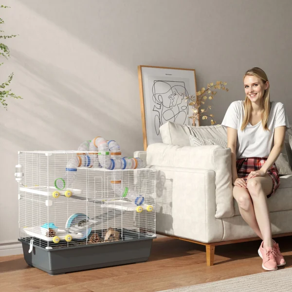 Hamsterkooi 4 verdiepingen knaagdierkooi kleindierkooi met loopwiel voerbak tunnel hut bovendeur, kleindierstal kooi voor hamsters syrische hamster 78 x 45 x 73 cm, grijs 2