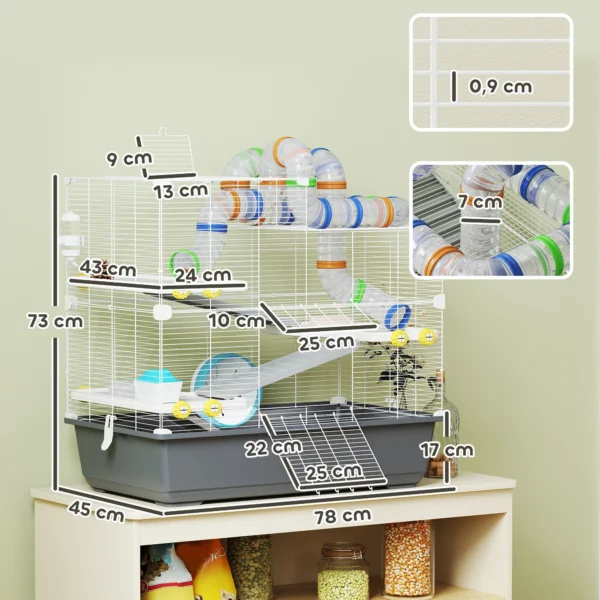 Hamsterkooi 4 verdiepingen knaagdierkooi kleindierkooi met loopwiel voerbak tunnel hut bovendeur, kleindierstal kooi voor hamsters syrische hamster 78 x 45 x 73 cm, grijs 4