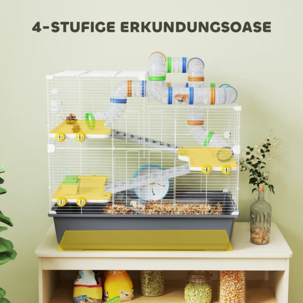 Hamsterkooi 4 verdiepingen knaagdierkooi kleindierkooi met loopwiel voerbak tunnel hut bovendeur, kleindierstal kooi voor hamsters syrische hamster 78 x 45 x 73 cm, grijs 5