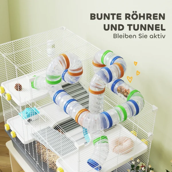 Hamsterkooi 4 verdiepingen knaagdierkooi kleindierkooi met loopwiel voerbak tunnel hut bovendeur, kleindierstal kooi voor hamsters syrische hamster 78 x 45 x 73 cm, grijs 6