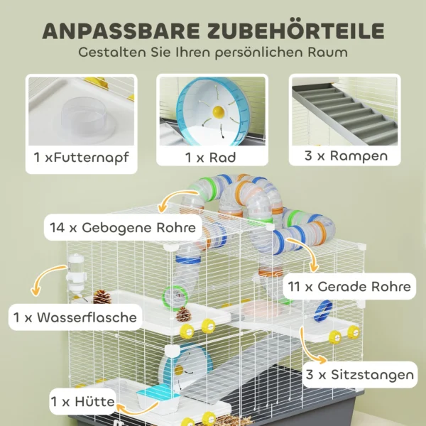 Hamsterkooi 4 verdiepingen knaagdierkooi kleindierkooi met loopwiel voerbak tunnel hut bovendeur, kleindierstal kooi voor hamsters syrische hamster 78 x 45 x 73 cm, grijs 7