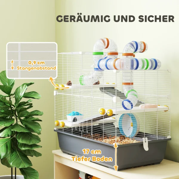 Hamsterkooi 4 verdiepingen knaagdierkooi kleindierkooi met loopwiel voerbak tunnel hut bovendeur, kleindierstal kooi voor hamsters syrische hamster 78 x 45 x 73 cm, grijs 8