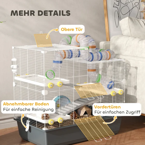 Hamsterkooi 4 verdiepingen knaagdierkooi kleindierkooi met loopwiel voerbak tunnel hut bovendeur, kleindierstal kooi voor hamsters syrische hamster 78 x 45 x 73 cm, grijs 9