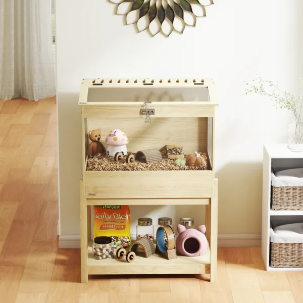 Hamsterkooi met 2 verdiepingen, knaagdierkooi, kleine dierenkooi met opklapbaar deksel, grote kleine dierenstal, kooi voor hamsters, dwerg hamsters 83,2 x 50 x 103 cm natuurhout 10