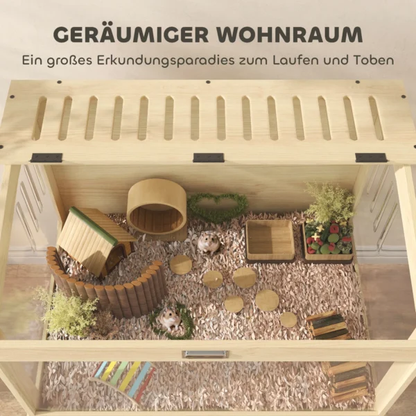 Hamsterkooi met 2 verdiepingen, knaagdierkooi, kleine dierenkooi met opklapbaar deksel, grote kleine dierenstal, kooi voor hamsters, dwerg hamsters 83,2 x 50 x 103 cm natuurhout 5