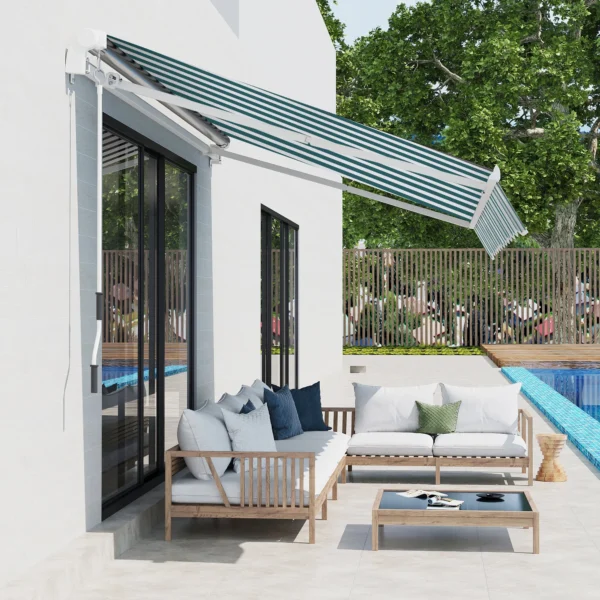 Handmatige knikarm zonnescherm 4m met handslinger, balkonzonwering, zonwering, wandmontage, balkon, aluminium, wit+groen, 395 x 245 cm 10