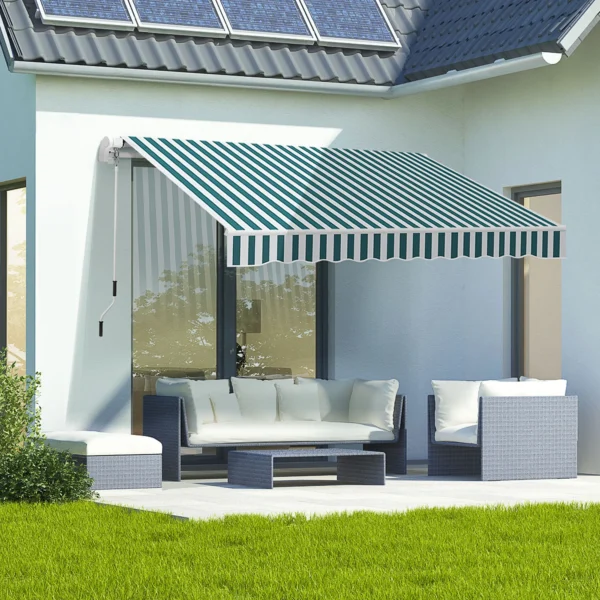 Handmatige knikarm zonnescherm 4m met handslinger, balkonzonwering, zonwering, wandmontage, balkon, aluminium, wit+groen, 395 x 245 cm 2