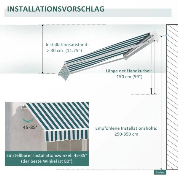 Handmatige knikarm zonnescherm 4m met handslinger, balkonzonwering, zonwering, wandmontage, balkon, aluminium, wit+groen, 395 x 245 cm 9