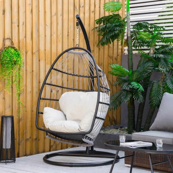 Hangstoel hangmand met frame hangschommel hangstoel met kussens mand opvouwbaar metaal zwart+cremewit 101 x 101 x 188 cm 2