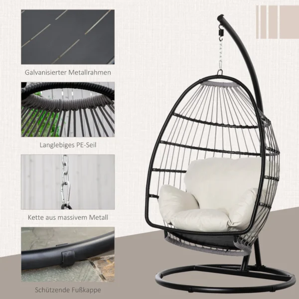 Hangstoel hangmand met frame hangschommel hangstoel met kussens mand opvouwbaar metaal zwart+cremewit 101 x 101 x 188 cm 8