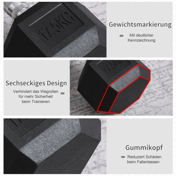 Hexagon gummihantels 17,5kg gietijzer krachttraining zwart 5