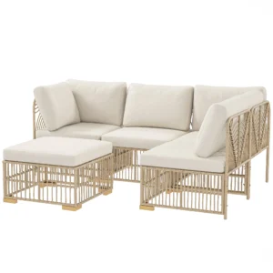 Hoeklounge set van polyrattan tuinmeubelset met hoekbank stoel voetenbank kussens weerbestendige tuinlounge voor 5 personen balkonmeubilair outdoor zitgroep voor tuin balkon natuurhout+cremewit 1