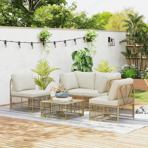 Hoeklounge set van polyrattan tuinmeubelset met hoekbank stoel voetenbank kussens weerbestendige tuinlounge voor 5 personen balkonmeubilair outdoor zitgroep voor tuin balkon natuurhout+cremewit 10