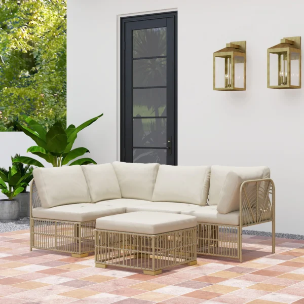 Hoeklounge set van polyrattan tuinmeubelset met hoekbank stoel voetenbank kussens weerbestendige tuinlounge voor 5 personen balkonmeubilair outdoor zitgroep voor tuin balkon natuurhout+cremewit 2