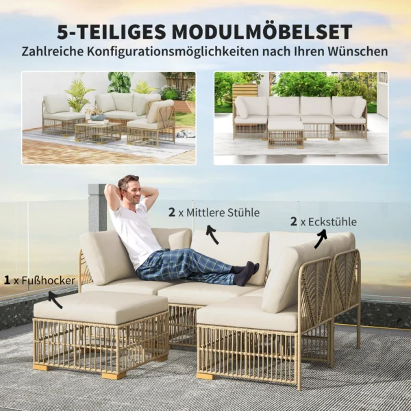 Hoeklounge set van polyrattan tuinmeubelset met hoekbank stoel voetenbank kussens weerbestendige tuinlounge voor 5 personen balkonmeubilair outdoor zitgroep voor tuin balkon natuurhout+cremewit 5