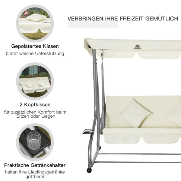 Hollywood schommelstoel 3 zits, 200 x 120 x 164 cm, met verstelbaar afneembaar waterdicht voordak, zit en rugleuningen, beige 8