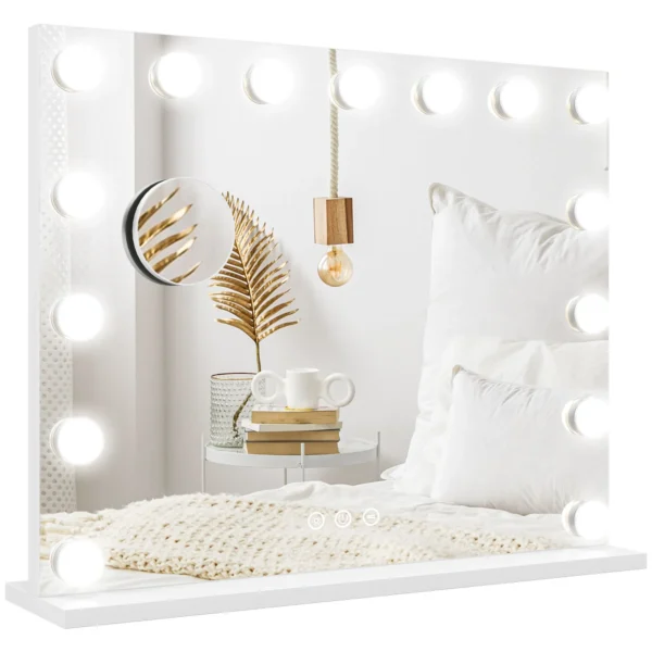 Hollywood spiegel met verlichting 58x48cm 15 led 3 lichtmodi 10x vergroting draagbaar touchschakelaar usb oplaadpoort wit 1