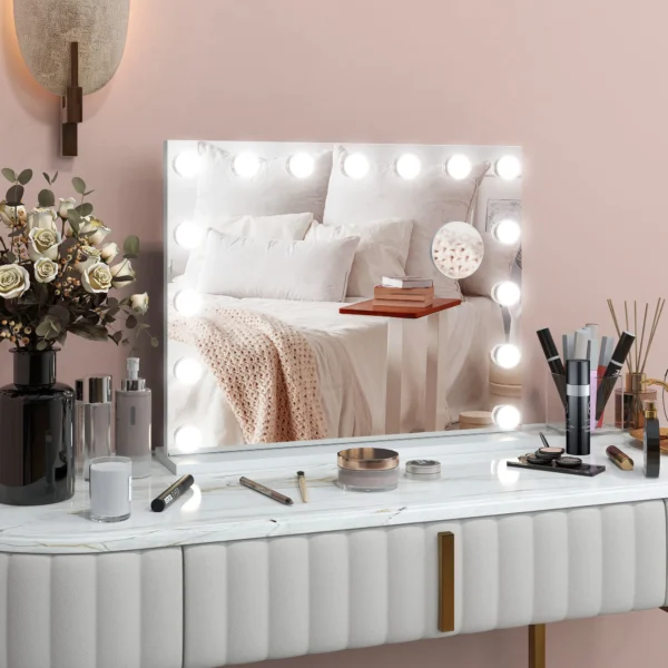 Hollywood spiegel met verlichting 58x48cm 15 led 3 lichtmodi 10x vergroting draagbaar touchschakelaar usb oplaadpoort wit 10