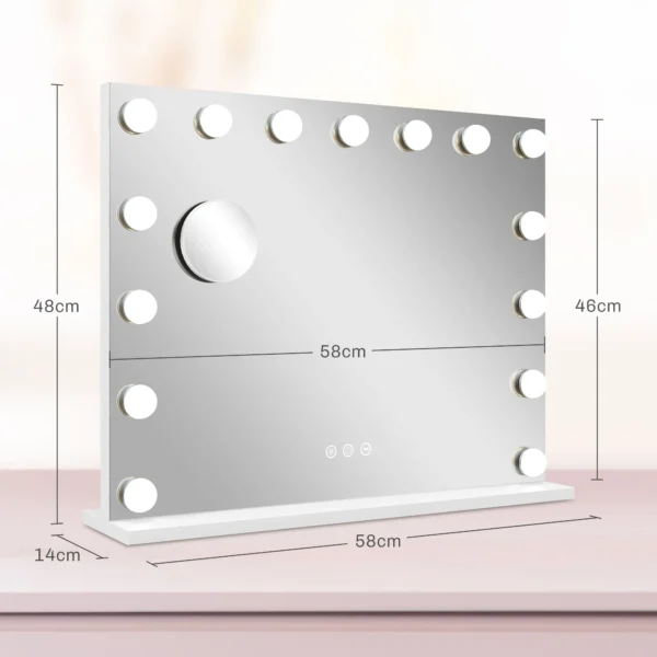 Hollywood spiegel met verlichting 58x48cm 15 led 3 lichtmodi 10x vergroting draagbaar touchschakelaar usb oplaadpoort wit 4