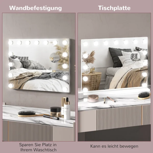 Hollywood spiegel met verlichting 58x48cm 15 led 3 lichtmodi 10x vergroting draagbaar touchschakelaar usb oplaadpoort wit 9