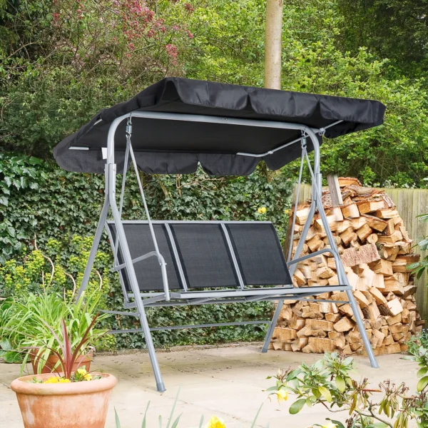 Hollywoodschaukel 3 zits elegante tuinschommel met dak metalen frame zwart zilver 171x108x154cm voor tuin terras 2