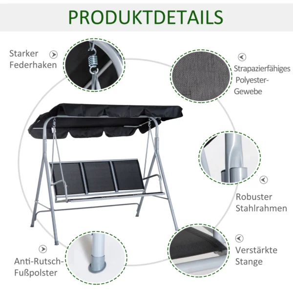 Hollywoodschaukel 3 zits elegante tuinschommel met dak metalen frame zwart zilver 171x108x154cm voor tuin terras 6
