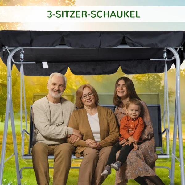 Hollywoodschaukel 3 zits elegante tuinschommel met dak metalen frame zwart zilver 171x108x154cm voor tuin terras 7