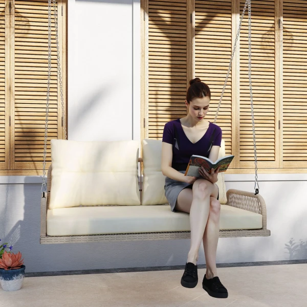 Hollywoodschommel 2 zits rattan tuinschommel met kussens ketting hangbank tot 240 kg belastbaar hangschommel schommelbank tuinbank voor tuin balkon 115 x 66 x 44 cm beige 2