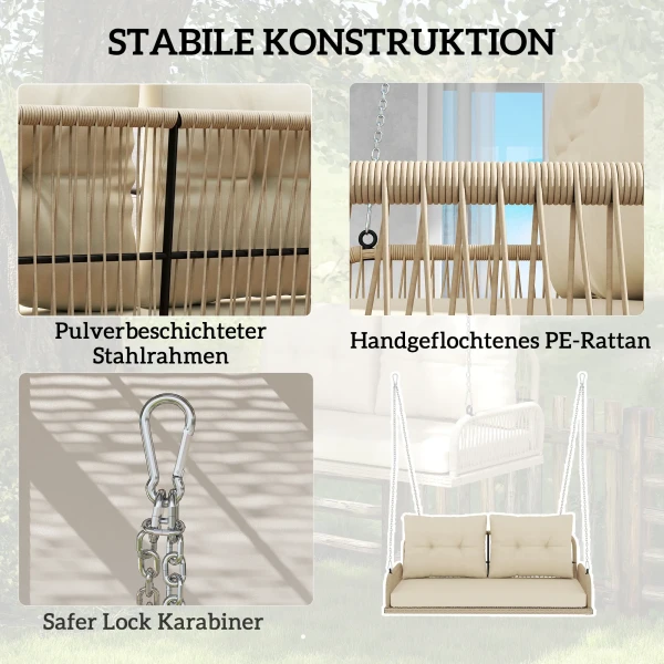 Hollywoodschommel 2 zits rattan tuinschommel met kussens ketting hangbank tot 240 kg belastbaar hangschommel schommelbank tuinbank voor tuin balkon 115 x 66 x 44 cm beige 7