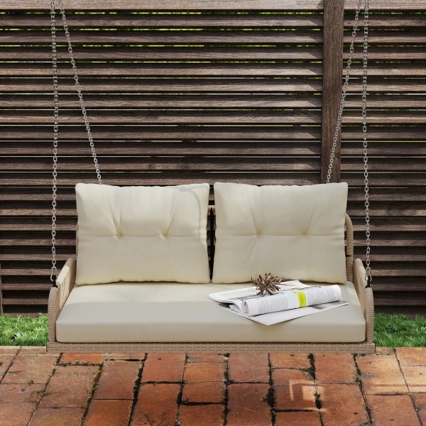 Hollywoodschommel 2 zits rattan tuinschommel met kussens ketting hangbank tot 240 kg belastbaar hangschommel schommelbank tuinbank voor tuin balkon 115 x 66 x 44 cm beige 8